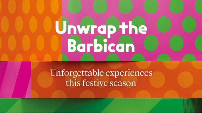 A giftwrap motif saying 'Unwrap the Barbican'