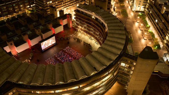 Aerial photo of the Barbican Outdoor Cinema in the Sculpture Court