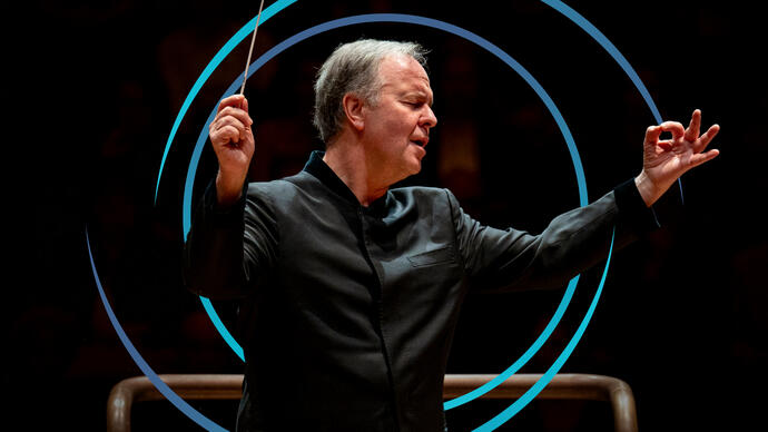 Sakari Oramo conducting, with blue circular swirls framing him