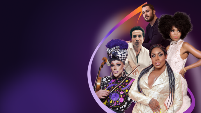 Composite image of Oliver Zeffman, Nick Grimshaw, Pumeza Matshikiza, Thorgy Thor and Vinegar Strokes against a purple background
