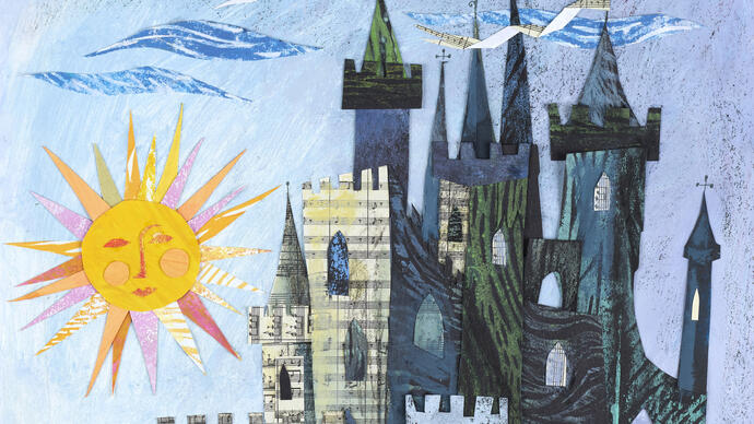 Illustration from James Mayhew's book, showing a fairytale castle with a big smiling sun in the sky.