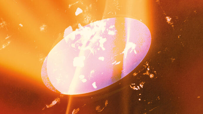 A pale purple, oval shape, reflective of a mirror or window, sits in the centre of the image, surrounded by a dark orange colour with candle smoke and lens flares creating textural elements.