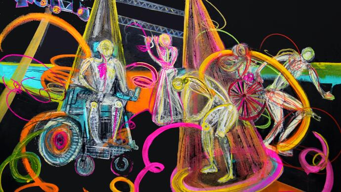 Colourful drawings of people swirling against a black background.