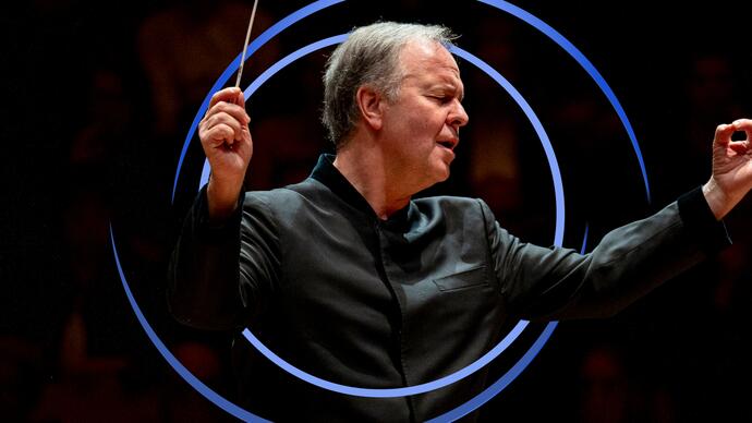 Sakari Oramo conducting, with blue circular swirls framing him