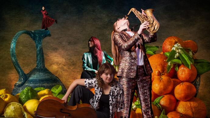 Jess Gillam playing the saxophone in front of a pile of giant oranges
