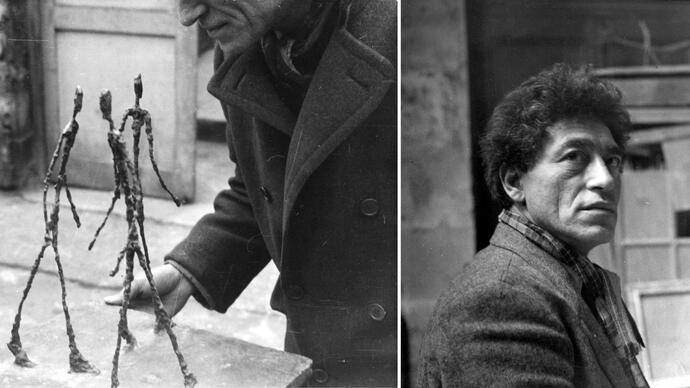 L: Alberto Giacometti holding Three Men Walking, 1940s, Photo: anonymous, Archives Fondation Giacometti / R: Alberto Giacometti in the studio, Before June 1951, Archives Fondation Giacometti © Succession Alberto Giacometti / Adagp, Paris 2024. Photo: Michel Sima.