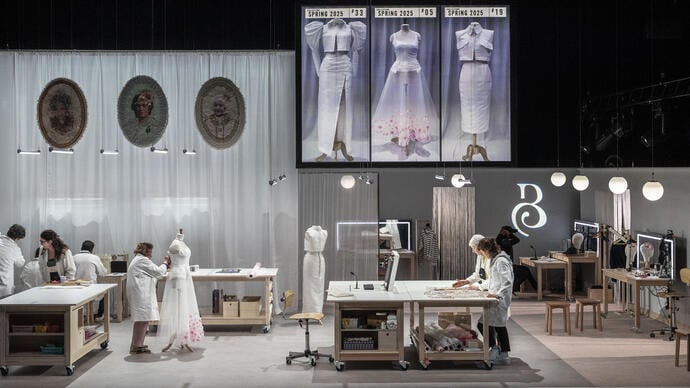 Set image of a room full of people working together to create a dress. The room contains 