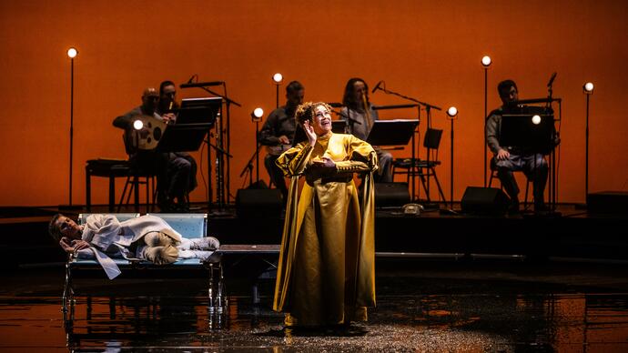 A photo of a singer on stage, with an orchestral ensemble in the background. Semi staged production of Bushra El-Turk's Oum - A Son's Quest for his Mother