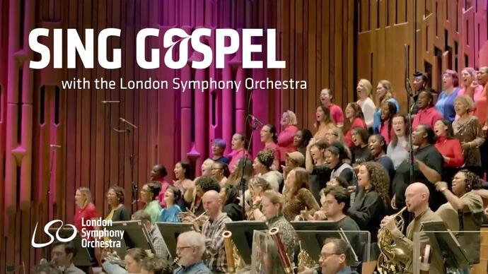 People in colourful dresses singing on a stage. Text says: Sing Gospel with the London Symphony Orchesra