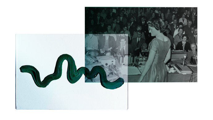 An image of Daphne Oram playing electronic music in front of a crowd 