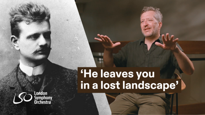 Thumbnail with text 'He leaves you in a lost landscape' with conductor Thomas Ades in an interview position and an archival image of Jean Sibellius.