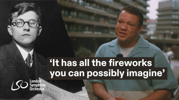 Portrait image of Shostakovich next to an image of Ryan Bancroft with buildings behind him. There is an overlay text which states 'It has all the fireworks you can possibly imagine'.