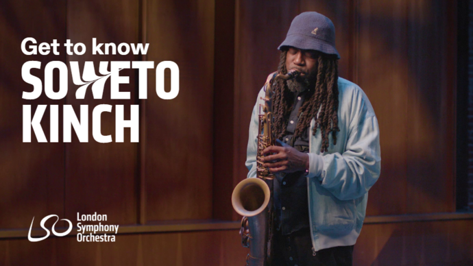 Image of Soweto Kinch playing the saxophone with the next 'Get to know Soweto Kinch' on the left.