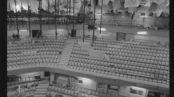 a beautiful black and white picture of the barbican when it was first being built