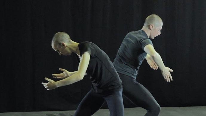 julie cunningham and one dancer from her company in rehearsal in the theatre of the barbican centre in london 