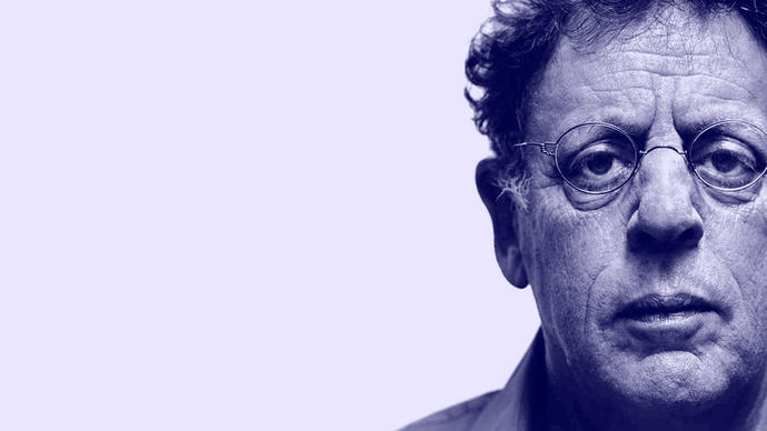 an amazing picture of philip glass somewhere in new york