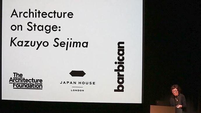 architecture on stage, kazuyo sejima, kazuyo sejima giving a lecture about japanese architecture in london at the barbican centre 