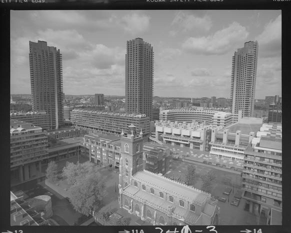 Photo of Barbican Centre and estate during construction