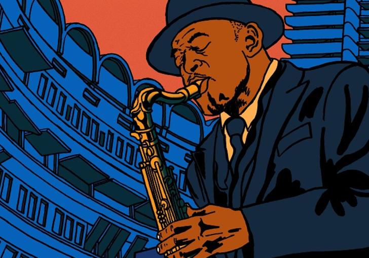 An illustration of Archie Shepp playing saxophone at the Barbican