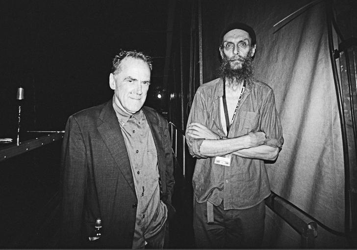 A black and white photo of Charles Haywward and Charles Bullen standing backstage