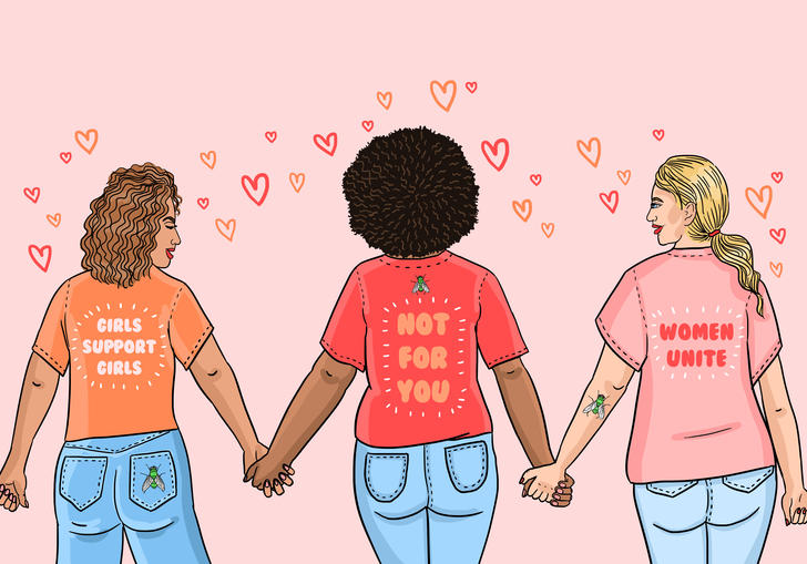 An illustration of three diverse women holding hands