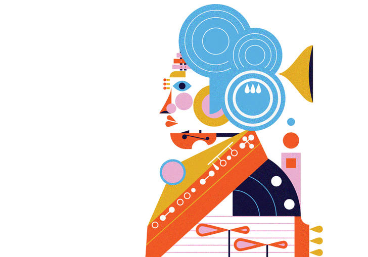 Illustration of Beethoven made up of instruments and Barbican architectural features