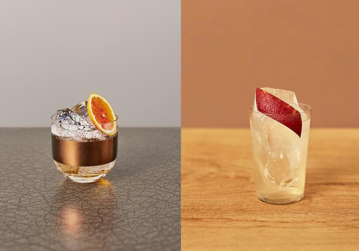 two photos of cocktail glasses against an orange background