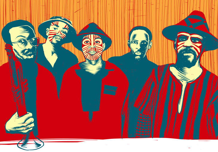 An illustration of Art Ensemble of Chicago wearing facepaint and traditional masks.