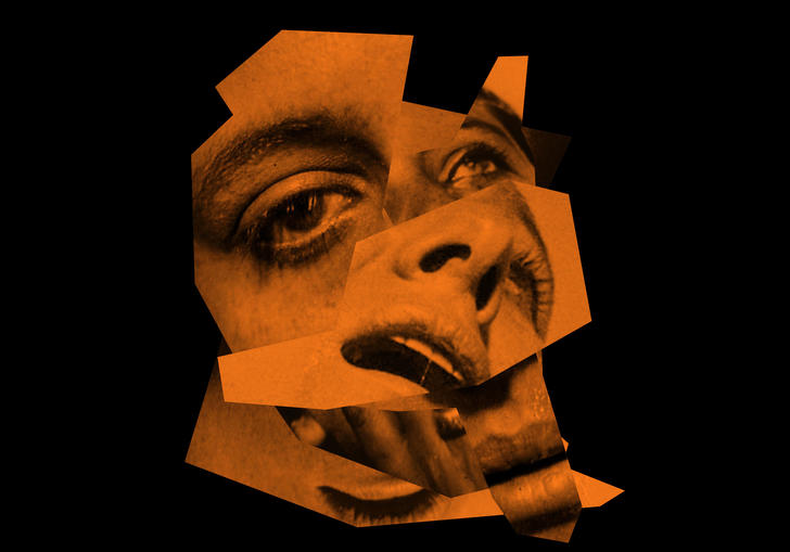An orange distorted image of Julia Holter's face on a black background. 