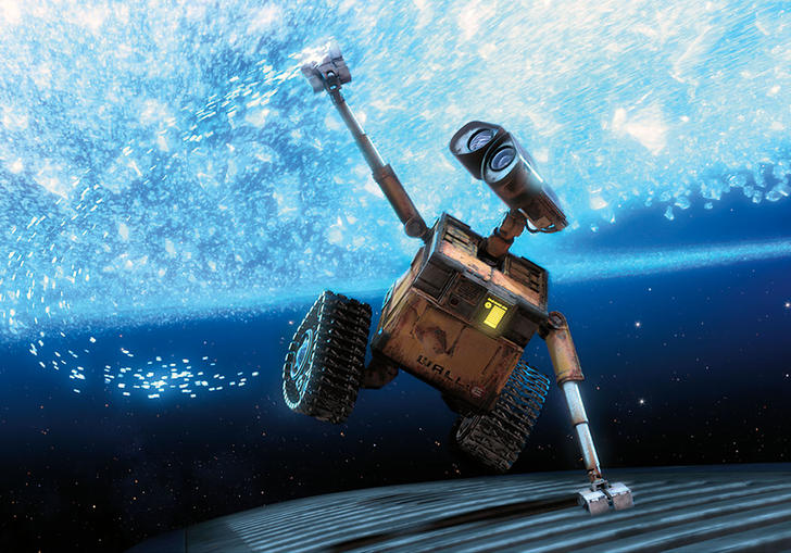 Wall-e flying through the sky underneath the stars