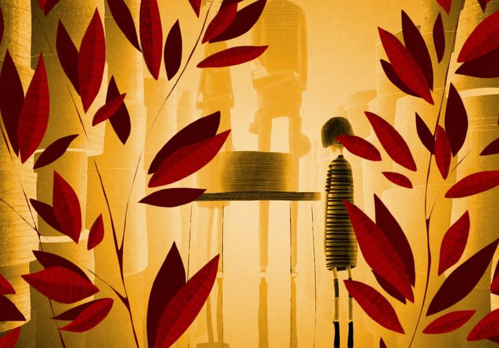 a woman stands in a golden forest near a table surrounded by red leaves