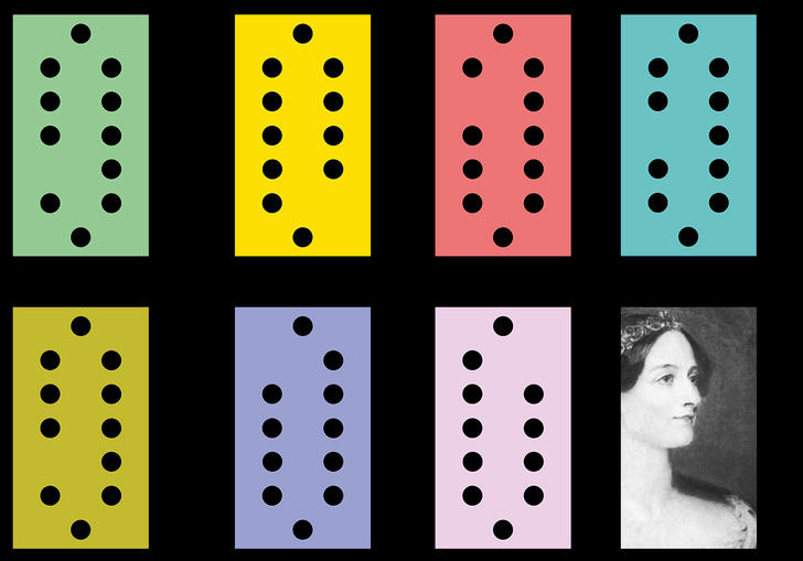 Illustration of punch cards for Ada Lovelace's computer programme and a portrait of Lovelace