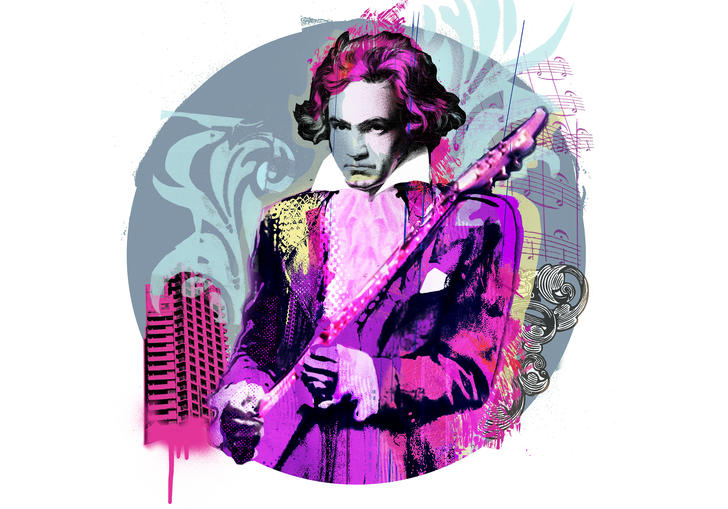 Illustration of Beethoven wearing Prince's trademark purple suit and holding a guitar