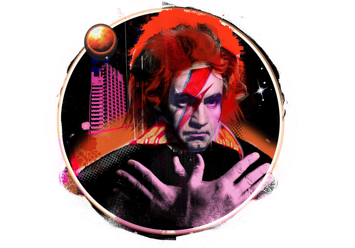 Illustration of Beethoven with David Bowie's trademark Ziggy Stardust lightning bolt makeup