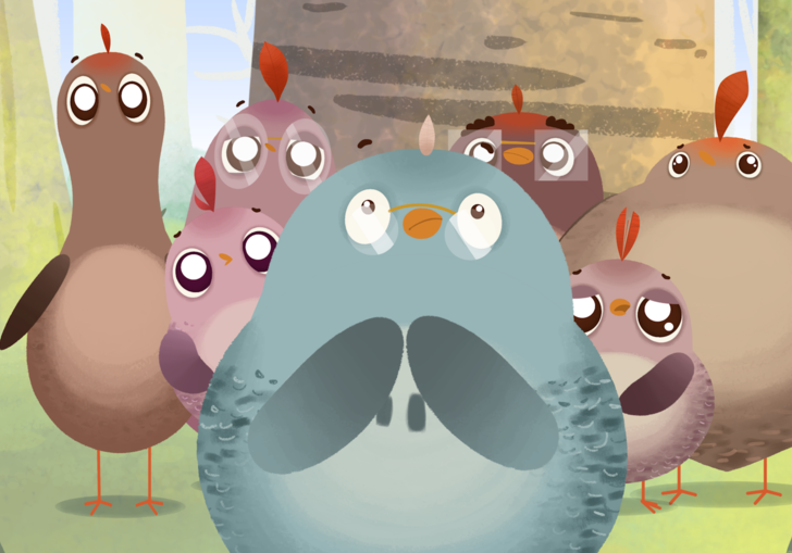 seven animated birds stand next to each other looking up