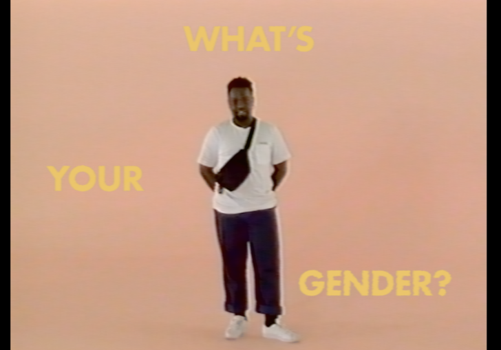 campbell addy against a pink background and yellow text saying 'what's your gender' 