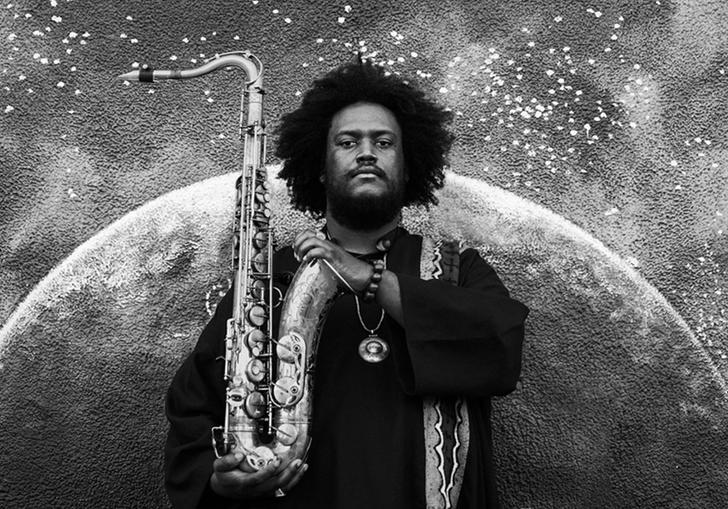 black and white photo of kamasi washington