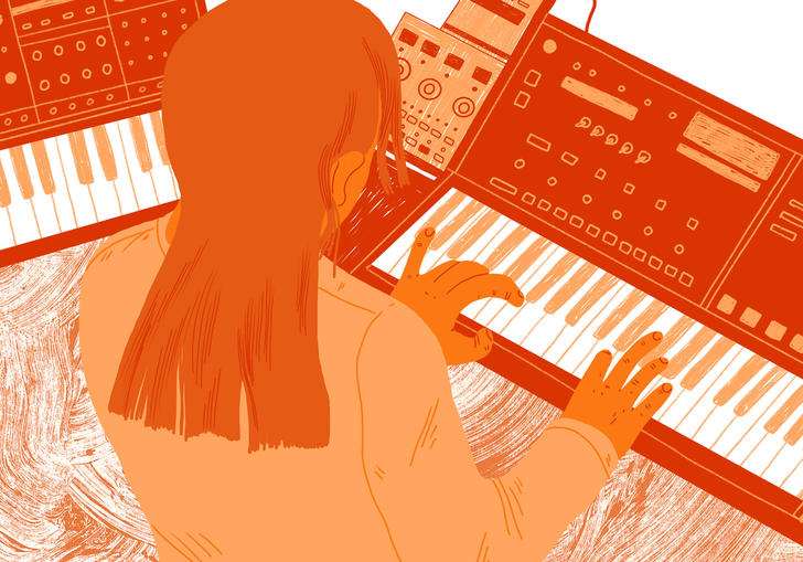 orange illustration of a person playing the keyboard