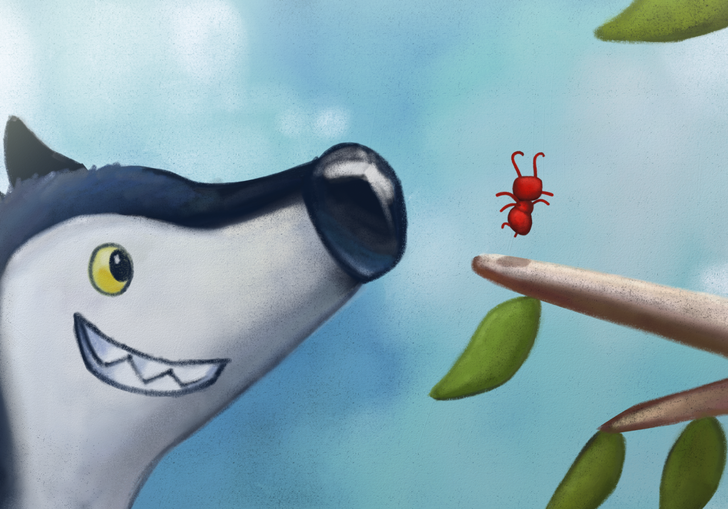 an animated image of a dog looking at a little red bug on a branch