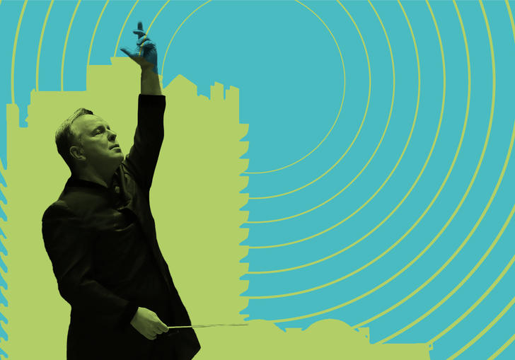 Outline of Sakari Oramo conducting in front of a Barbican tower