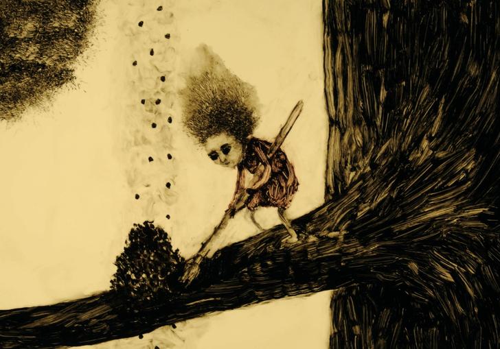 animation of a woman with hair sticking up burning a fire on a tree