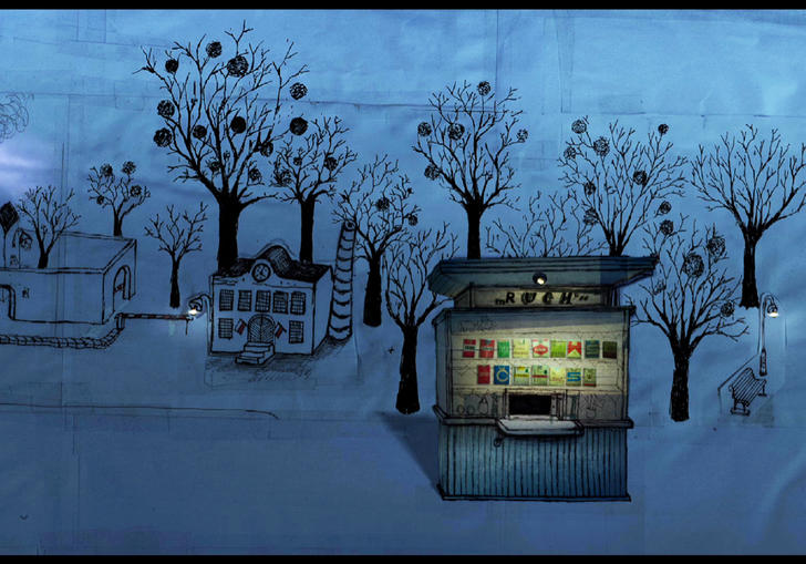Animation: a row of sketched kiosks on a blue street with sparse trees