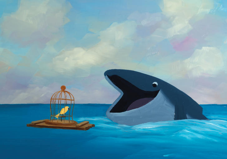A bird talks to a whale in the sea, animation