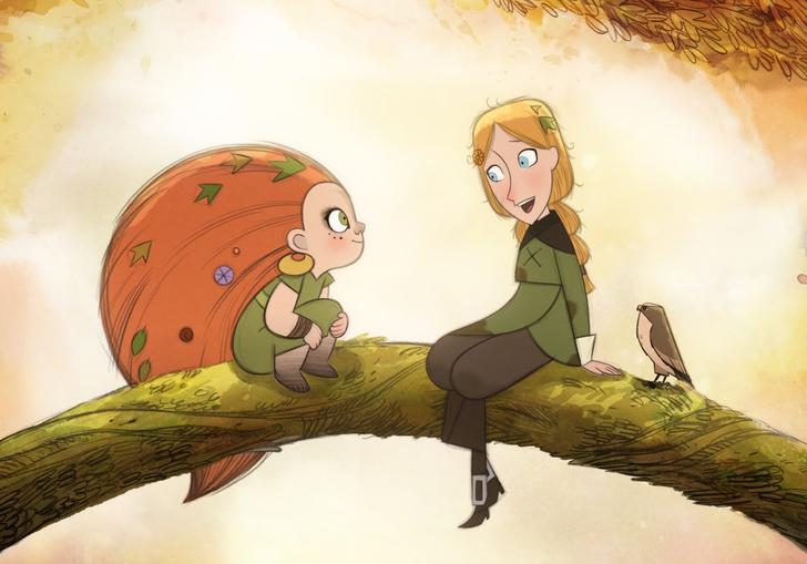 Two animated girls sit on a branch