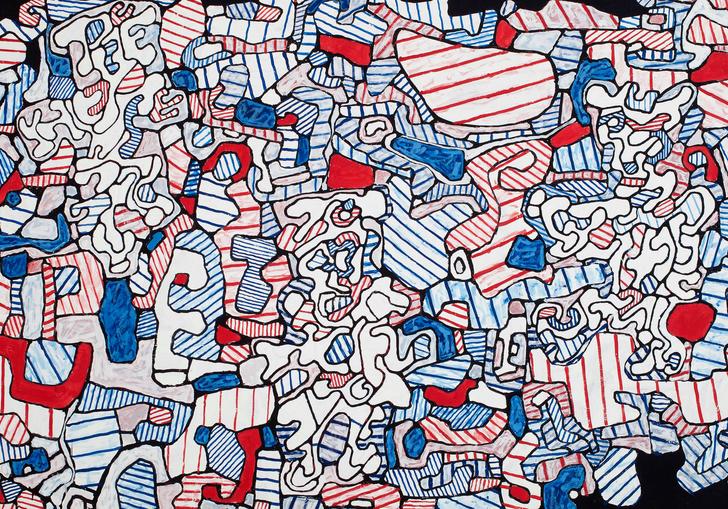 a Jean Dubuffet painting featuring white, red and blue abstract shapes