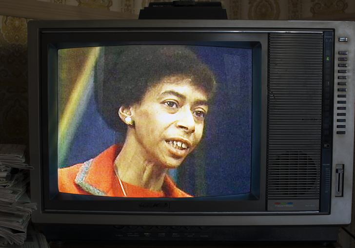 an image of marion stokes on an old fashioned TV