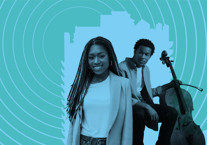 Sheku Kanneh-Mason with his cello and Isata Kanneh-Mason in front of the Barbican with radio broadcast waves emitting