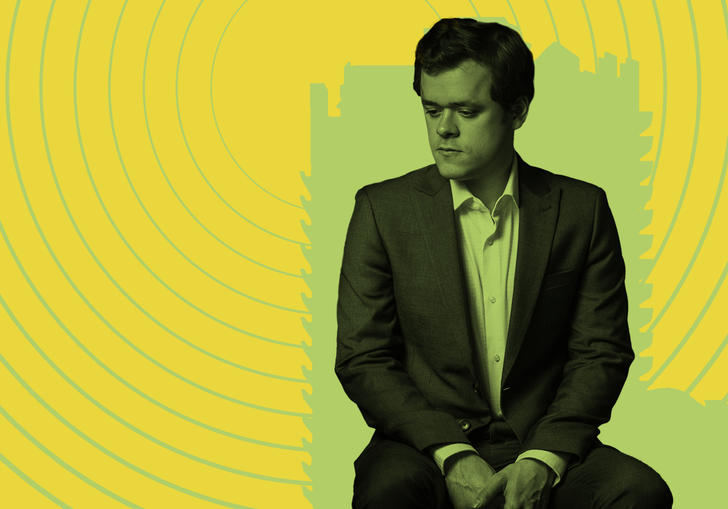Benjamin Grosvenor looking pensive against an illustrated backdrop of the Barbican