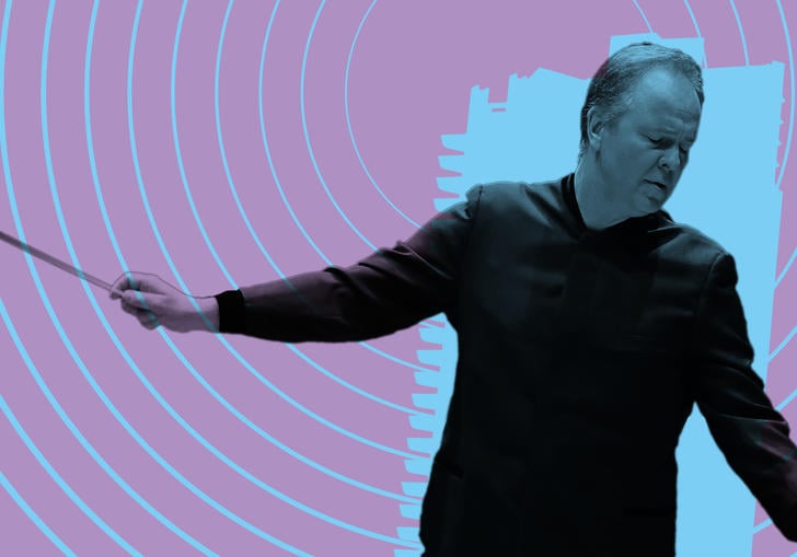 Sakari Oramo conducting in front of the Barbican tower as it emits radio broadcast waves