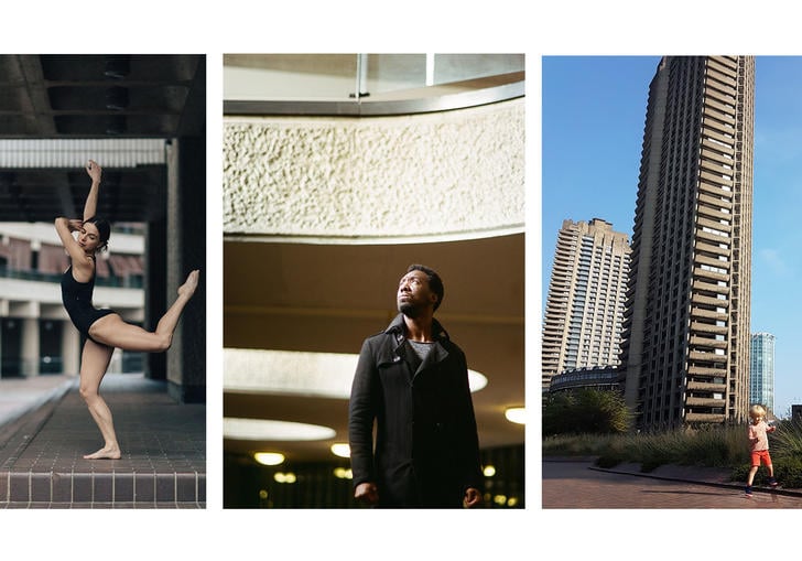 three photos of people in front of the barbican
